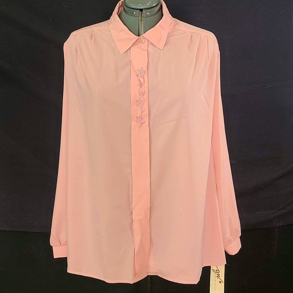 Pink Button Up Blouse With Embroidered Floral Detail NWT